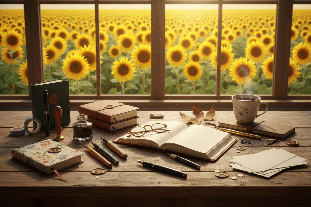 Journal flat lay with sunflower field view